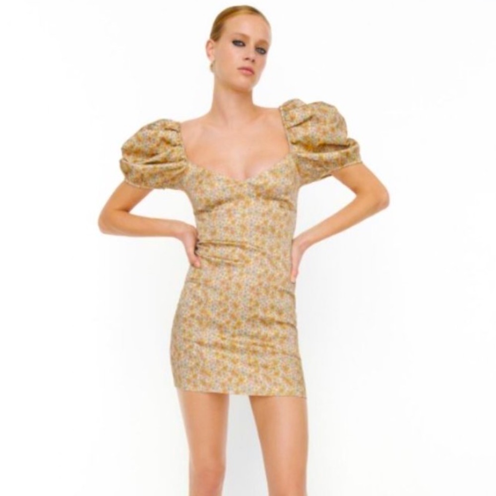 𝅺Zara satin floral puffed sleeve mini dress